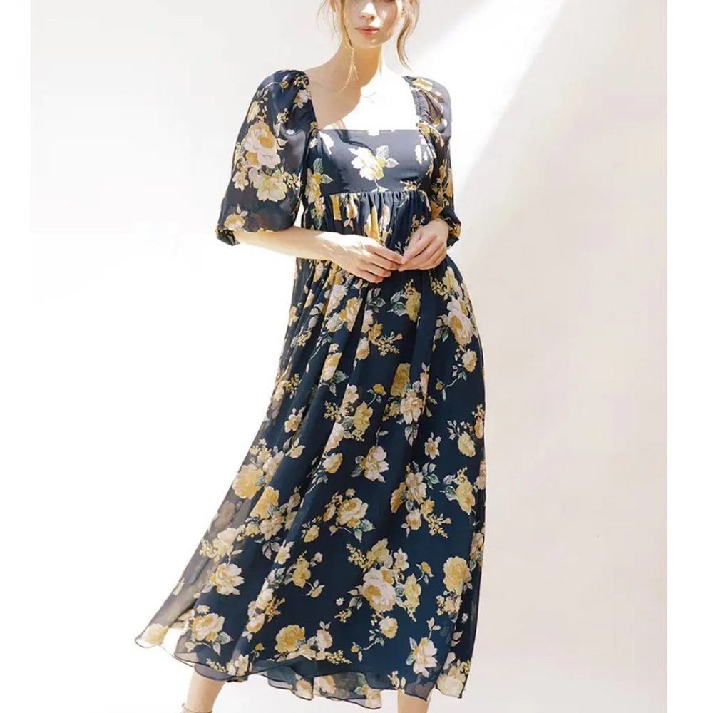 Storia baby doll Sophie floral L/S navy maxi dress NWT